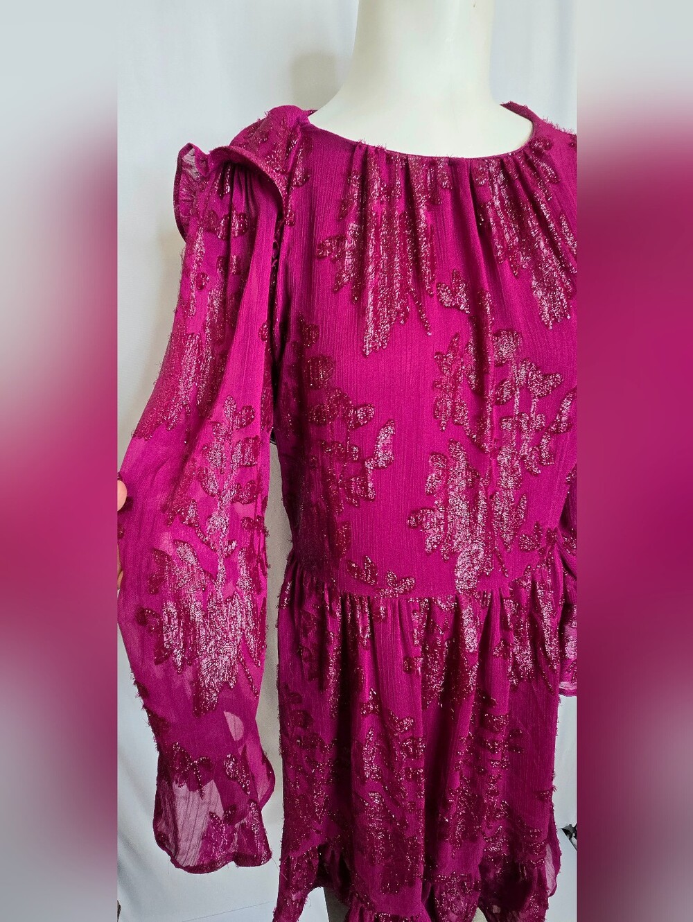 Calvin Klein Metallic Floral Burnout Dress Fuchsia Pink Wedding Guest 12 NWOT - Picture 5 of 11